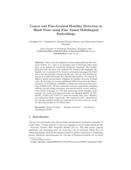 Coarse and Fine-Grained Hostility Detection in Hindi Posts using Fine
  Tuned Multilingual Embeddings