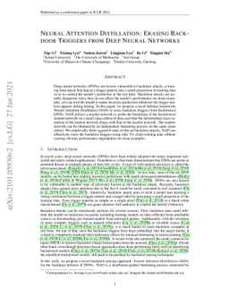 Neural Attention Distillation: Erasing Backdoor Triggers from Deep
  Neural Networks