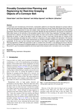 Provably Constant-time Planning and Replanning for Real-time Grasping
  Objects off a Conveyor Belt