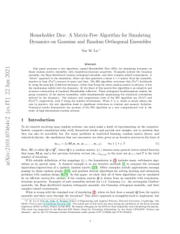 Householder Dice: A Matrix-Free Algorithm for Simulating Dynamics on
  Gaussian and Random Orthogonal Ensembles