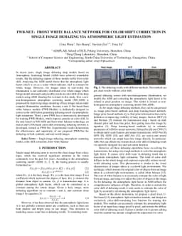 FWB-Net:Front White Balance Network for Color Shift Correction in Single
  Image Dehazing via Atmospheric Light Estimation