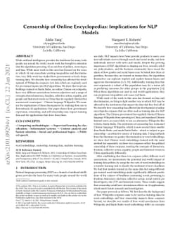 Censorship of Online Encyclopedias: Implications for NLP Models