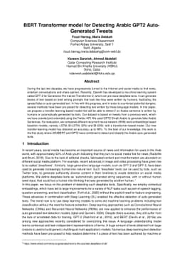 BERT Transformer model for Detecting Arabic GPT2 Auto-Generated Tweets
