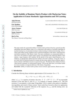 On the Stability of Random Matrix Product with Markovian Noise:
  Application to Linear Stochastic Approximation and TD Learning