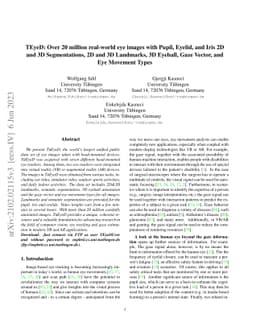 TEyeD: Over 20 million real-world eye images with Pupil, Eyelid, and
  Iris 2D and 3D Segmentations, 2D and 3D Landmarks, 3D Eyeball, Gaze Vector,
  and Eye Movement Types