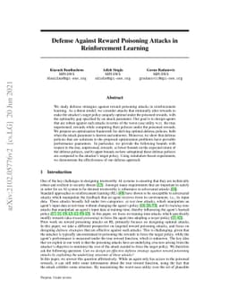 Defense Against Reward Poisoning Attacks in Reinforcement Learning