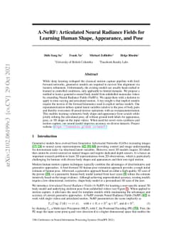 A-NeRF: Articulated Neural Radiance Fields for Learning Human Shape,
  Appearance, and Pose