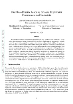 Distributed Online Learning for Joint Regret with Communication
  Constraints