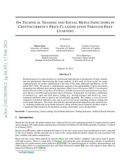 On Technical Trading and Social Media Indicators in Cryptocurrencies'
  Price Classification Through Deep Learning