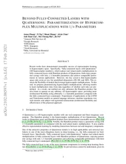 Beyond Fully-Connected Layers with Quaternions: Parameterization of
  Hypercomplex Multiplications with $1/n$ Parameters