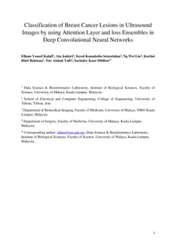 Classification of Breast Cancer Lesions in Ultrasound Images by using
  Attention Layer and loss Ensembles in Deep Convolutional Neural Networks