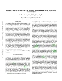 Unidirectional Memory-Self-Attention Transducer for Online Speech
  Recognition