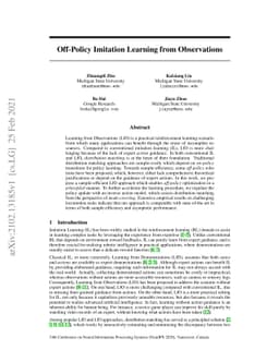 Off-Policy Imitation Learning from Observations