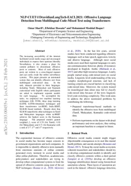 NLP-CUET@DravidianLangTech-EACL2021: Offensive Language Detection from
  Multilingual Code-Mixed Text using Transformers