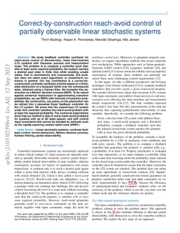 Correct-by-construction reach-avoid control of partially observable
  linear stochastic systems