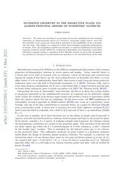 Incidence geometry in the projective plane via almost-principal minors
  of symmetric matrices
