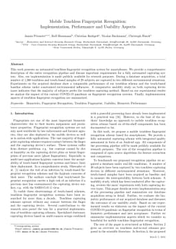 Mobile Touchless Fingerprint Recognition: Implementation, Performance
  and Usability Aspects