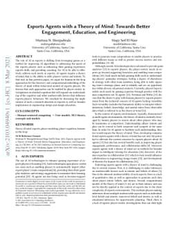 Esports Agents with a Theory of Mind: Towards Better Engagement,
  Education, and Engineering