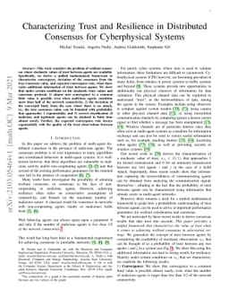 Characterizing Trust and Resilience in Distributed Consensus for Cyberphysical Systems