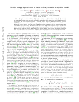 Implicit energy regularization of neural ordinary-differential-equation
  control