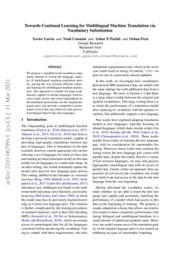 Towards Continual Learning for Multilingual Machine Translation via
  Vocabulary Substitution