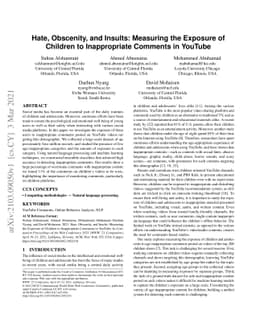 Hate, Obscenity, and Insults: Measuring the Exposure of Children to
  Inappropriate Comments in YouTube