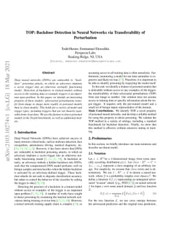 TOP: Backdoor Detection in Neural Networks via Transferability of
  Perturbation