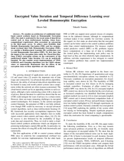 Encrypted Value Iteration and Temporal Difference Learning over Leveled
  Homomorphic Encryption