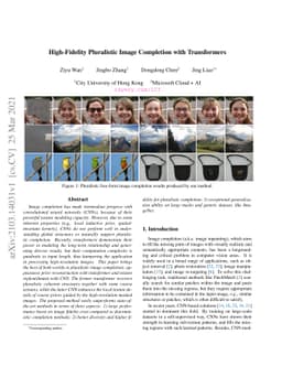 High-Fidelity Pluralistic Image Completion with Transformers