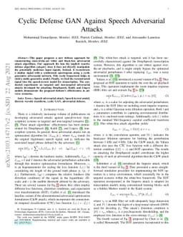 Cyclic Defense GAN Against Speech Adversarial Attacks