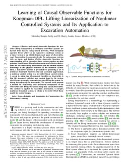 Learning of Causal Observable Functions for Koopman-DFL Lifting
  Linearization of Nonlinear Controlled Systems and Its Application to
  Excavation Automation