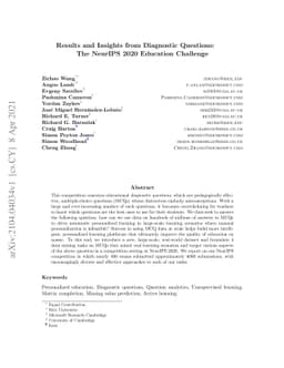 Results and Insights from Diagnostic Questions: The NeurIPS 2020
  Education Challenge