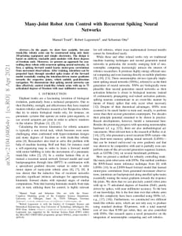 Many-Joint Robot Arm Control with Recurrent Spiking Neural Networks