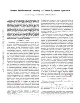 Inverse Reinforcement Learning: A Control Lyapunov Approach