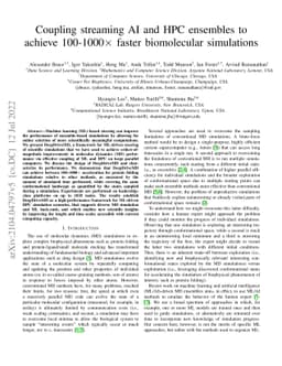Coupling streaming AI and HPC ensembles to achieve 100-1000x faster
  biomolecular simulations