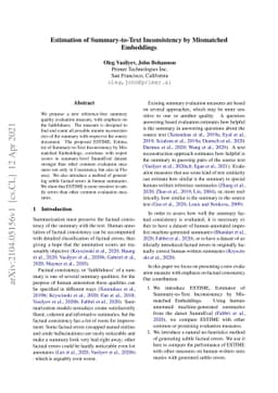 Estimation of Summary-to-Text Inconsistency by Mismatched Embeddings