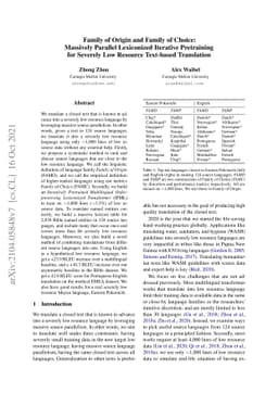 Family of Origin and Family of Choice: Massively Parallel Lexiconized
  Iterative Pretraining for Severely Low Resource Machine Translation