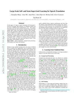 Large-Scale Self- and Semi-Supervised Learning for Speech Translation