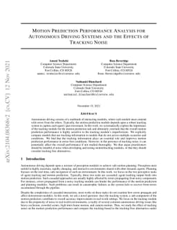 Motion Prediction Performance Analysis for Autonomous Driving Systems
  and the Effects of Tracking Noise