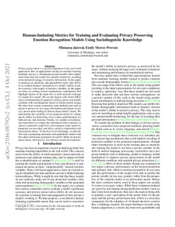 Human-Imitating Metrics for Training and Evaluating Privacy Preserving
  Emotion Recognition Models Using Sociolinguistic Knowledge