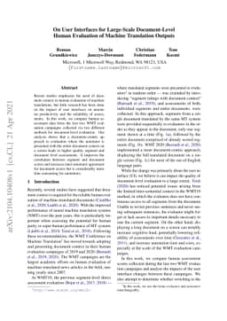 On User Interfaces for Large-Scale Document-Level Human Evaluation of
  Machine Translation Outputs