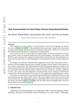 Text Summarization of Czech News Articles Using Named Entities