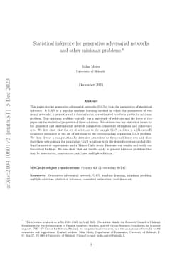 Statistical inference for generative adversarial networks and other
  minimax problems