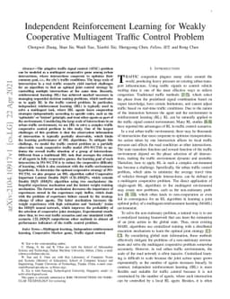 Independent Reinforcement Learning for Weakly Cooperative Multiagent
  Traffic Control Problem