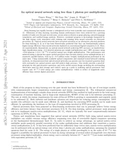 An optical neural network using less than 1 photon per multiplication
