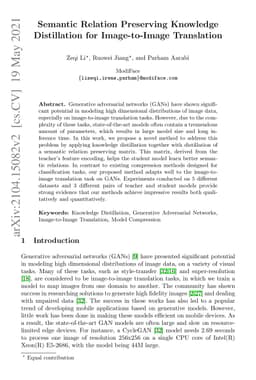 Semantic Relation Preserving Knowledge Distillation for Image-to-Image
  Translation