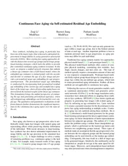 Continuous Face Aging via Self-estimated Residual Age Embedding
