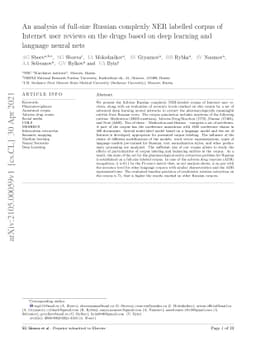 An analysis of full-size Russian complexly NER labelled corpus of
  Internet user reviews on the drugs based on deep learning and language neural
  nets