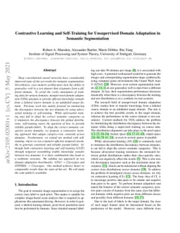 Contrastive Learning and Self-Training for Unsupervised Domain
  Adaptation in Semantic Segmentation