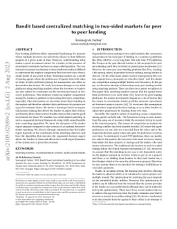 Bandit based centralized matching in two-sided markets for peer to peer
  lending